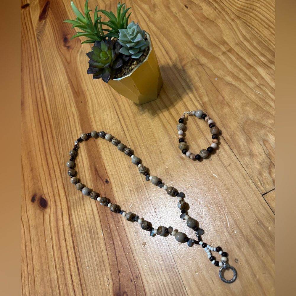 New Beaded Silver Circle Natural Necklace 14” w/ Bracelet Earth Tone